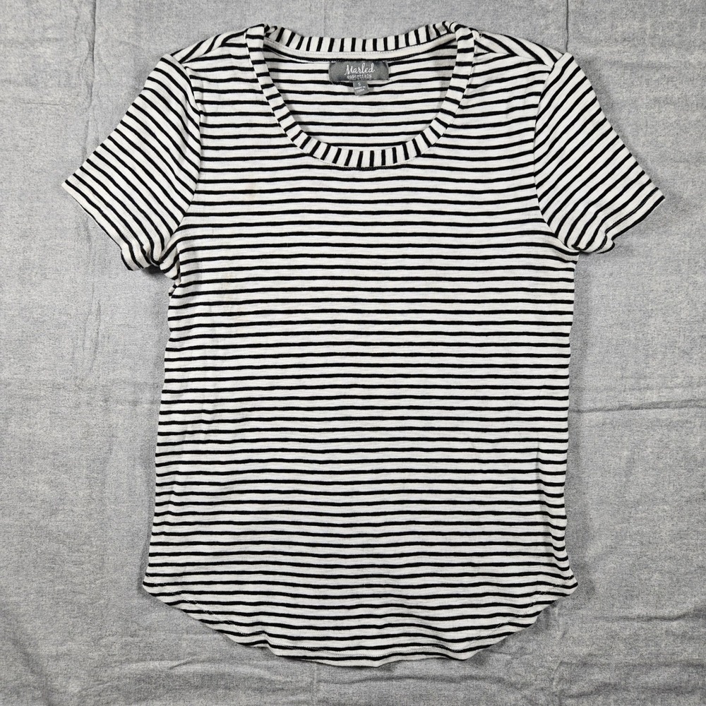 Marled Essentials Womens Black White Striped Scoop‎ Neck Cotton T-Shirt Small